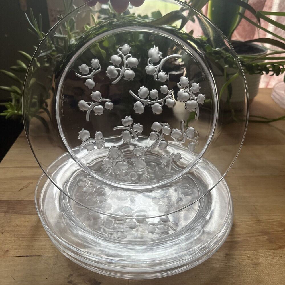 (4) Mid Century Lalique "Muguet" Lily of the Valley Crystal 8.25” Plates Signed